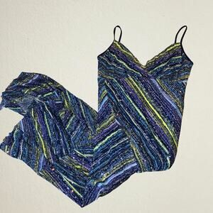 Y2K sequin striped dress with asymmetrical hem, 2000s purple blue green